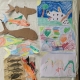 Rechts sind drei bunte Kinderbilder mit einem Hund mit schwarzen Punkten, Herzen und Kindern übereinander angeordnet. Auf der linken Seite sind Fische, ein Hai und ein Delfin aus Papier bzw. Pappe aufgeklebt.